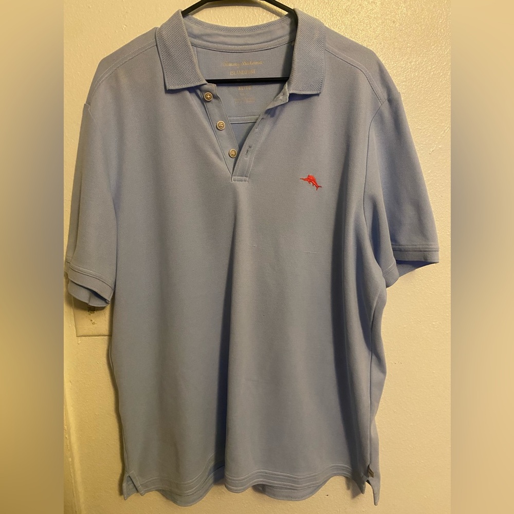 Tommy Bahama Light Blue Polo with Red Dolphin Embroidery